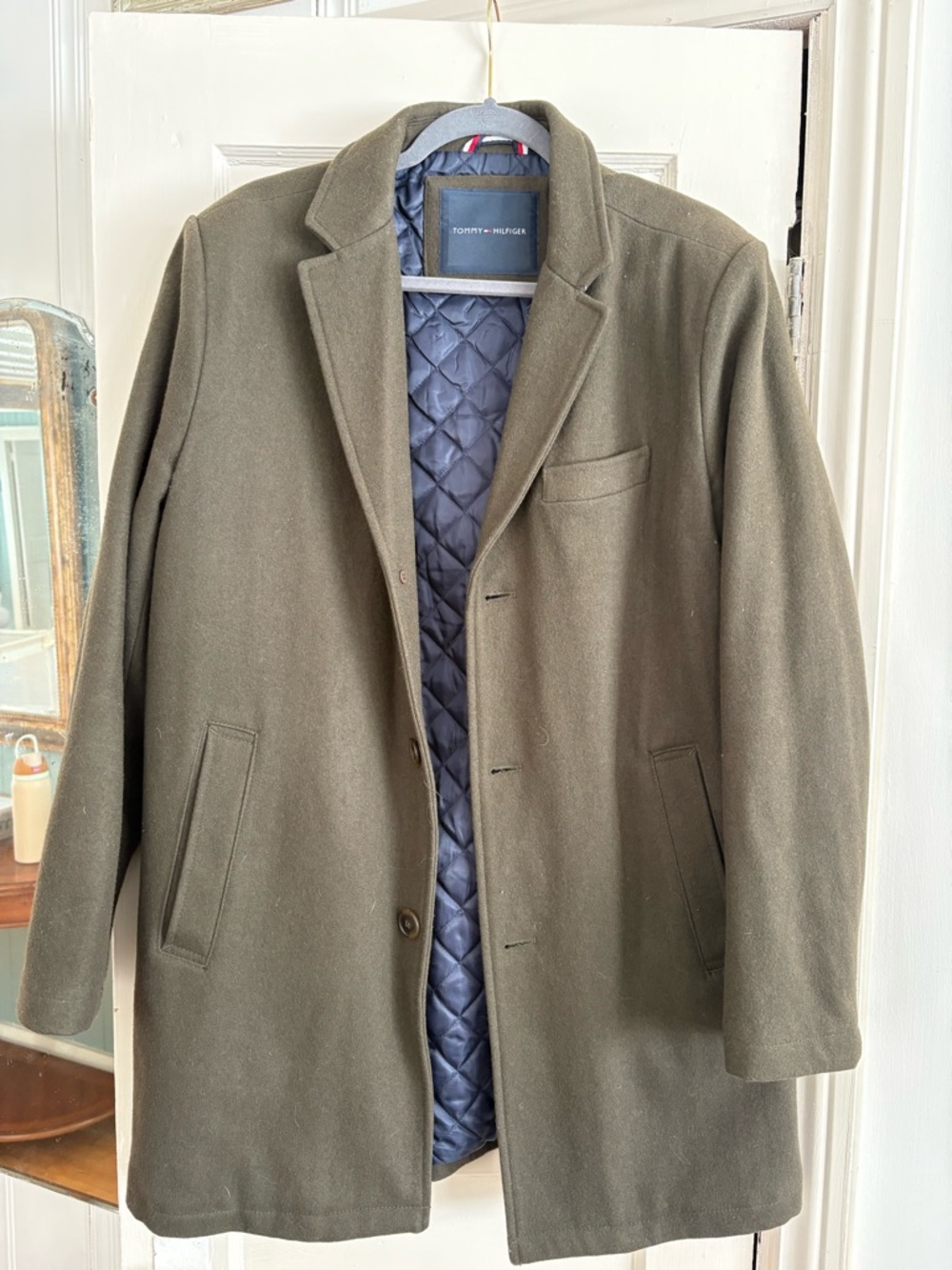 Tommy Hilfiger Olive Wool-Blend Pea Coat with Quilted Navy Lining